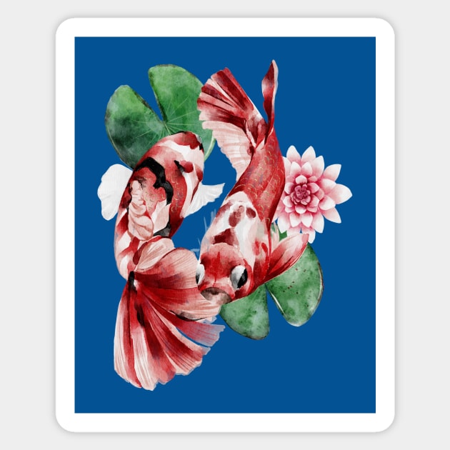 Two Koi Fish with Lotus Flower - Japanese Painting Sticker by KOTOdesign